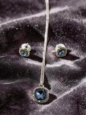 Napier Blue Crystal Necklace and Earring Set – Silver-Tone Square Pave Accents